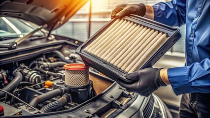 A dirty engine air filter is replaced with a new clean one, improving performance and fuel efficiency in a well-lit automotive repair garage setting.