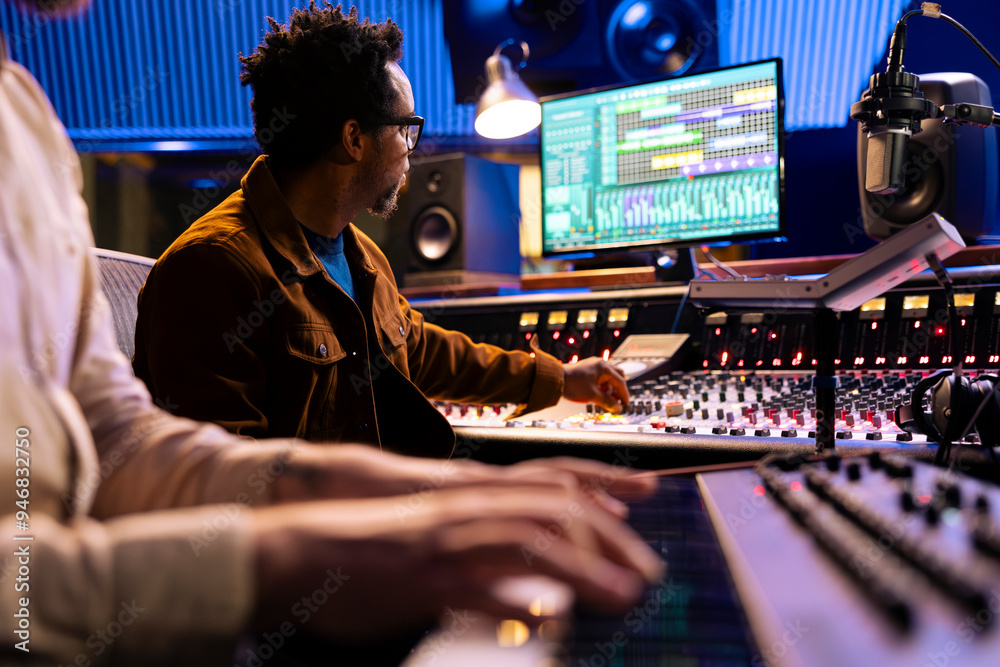 Aufkleber african american audio expert records artist playing piano in studio, using mixing console and digit