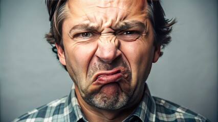 Obraz premium A disgusted person scrunches up their face in distaste, wrinkling their nose and pursing their lips in a comedic expression of strong displeasure.