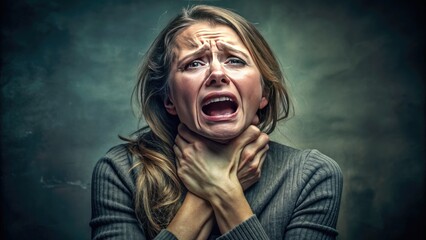 A distressed female struggles to breathe, clutching her throat with both hands, her face contorted in a mix of fear and desperation.