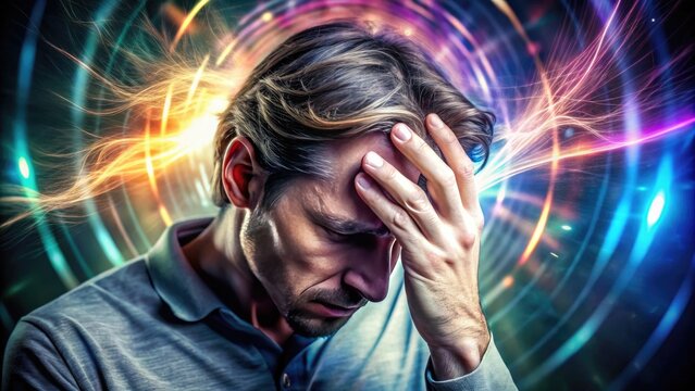 A distressed hand clutches the forehead, conveying intense pain and discomfort, amidst a blurred background of migraine-inducing fluorescent lights and swirling shapes.
