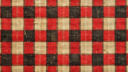 A distressed, vintage-inspired textile features a classic red and black checkered pattern, evoking a sense of rural charm and nostalgic simplicity.