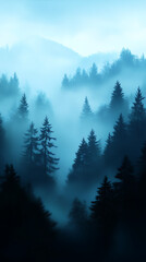 A misty forest scene with tall trees silhouetted against a blue sky. The fog creates a sense of mystery and peace.