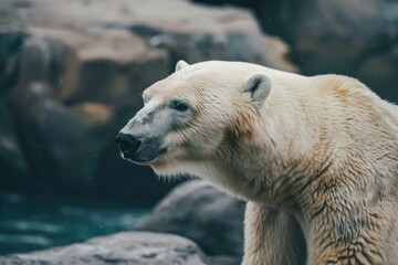Fototapeta premium A polar bear stands in a body of water, looking at the camera, generative ai image