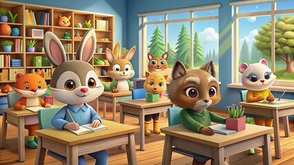 Adorable cartoon animals, including a rabbit, squirrel, and owl, sit at colorful desks, surrounded...