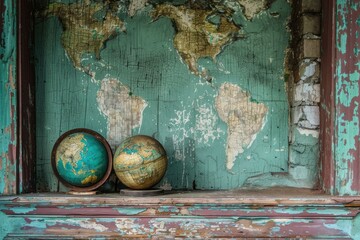 Two globes are resting on a shelf in front of a world map painted on a distressed green wall, evoking a sense of nostalgia and wanderlust