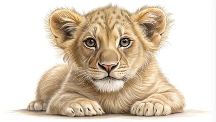 Obraz premium Adorable gentle lion cub illustration in clean line drawing style, showcasing playful whiskers, soft fur, and big curious eyes in subtle earthy tones.