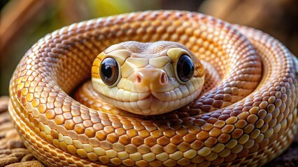 Fototapeta premium Adorable serpent with big round eyes and a sweet expression curled up in a tight ball, showcasing its scaly skin in a gentle, harmless pose.