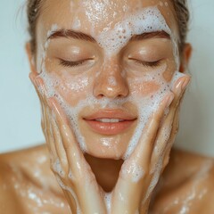 A girl with clean skin washes white background