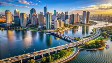 Obraz premium Aerial view of a bustling metropolis surrounded by a tranquil lake, with a sleek highway loop bridge connecting waterfront skyscrapers to urban landscape.