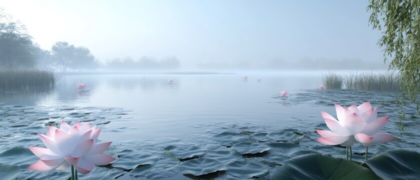 Pink Lotus Flowers Blooming in a Foggy Lake