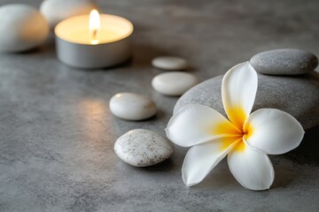 Plumeria flower with five petals and stones, there is candle also on grey concrete table in massage bright room, for spa background
