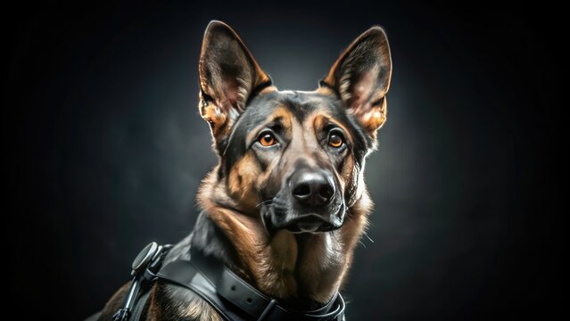 A focused German Shepherd police dog stands alert, ears perked, on a sleek black background, its shiny coat and gear gleaming under bright studio lighting.