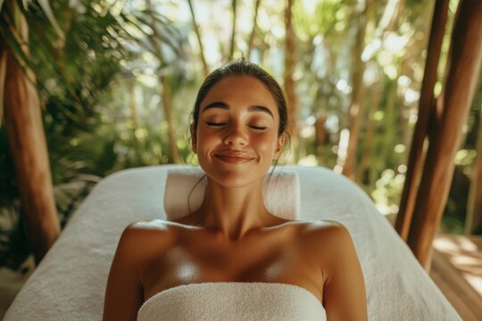 wide composition, wide shoot view,Smiling woman with eyes closed receiving massage therapy at a luxury resort in spa, from front, realistic photography