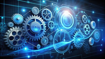 A futuristic digital illustration showcases the iterative product development cycle, featuring interconnected gears, charts, and diagrams highlighting research, design, testing, and launch phases.