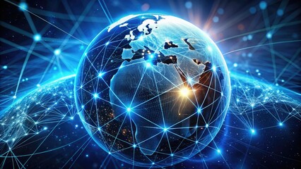 A futuristic globe with glowing blue connections and data streams illustrating the concept of wide area networks and global data transmission over the internet.