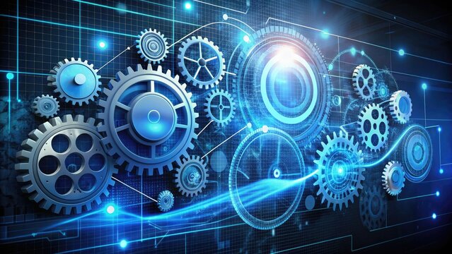 A futuristic digital illustration showcases the iterative product development cycle, featuring interconnected gears, charts, and diagrams highlighting research, design, testing, and launch phases.