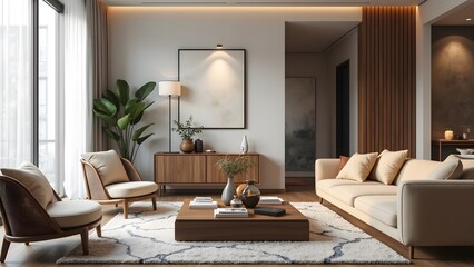 Fototapeta premium modern, comfortable interior design, living room, muted warm greys