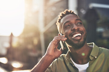 Phone call, thinking or happy black man in urban city talking to bank for loan approval or small business. Face, chat or mobile connection for funding, entrepreneur or collaboration deal for ideas