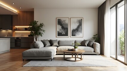 modern, comfortable interior design, living room, muted warm greys
