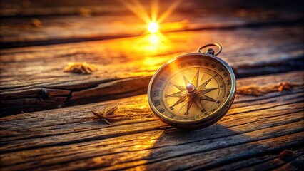 A gentle, glowing light radiates from a miniature compass on a weathered wooden desk, symbolizing guidance, direction, and moral navigation in life's uncertain journey.