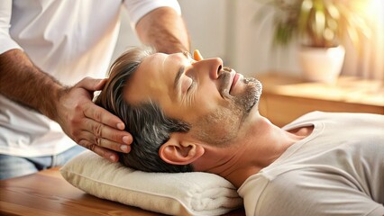 A gentle, skilled professional's hands cradle a patient's head, thumbs applying precise pressure to the temples, promoting relaxation and spinal alignment in a serene, earth-toned room.
