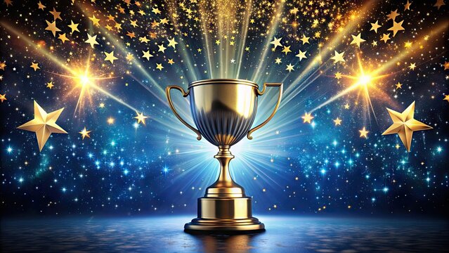 A gleaming golden trophy surrounded by shimmering stars and radiant light, symbolizing exceptional achievement and excellence in a dark blue night sky background.