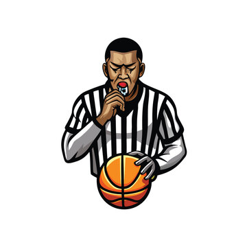 basketball referee blowing whistle, holding ball clip art preview