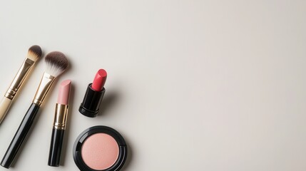A collection of cosmetic products showcases lipstick, makeup brushes, and powder arranged neatly on a light background. Generative AI