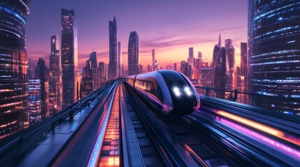 Fototapeta premium A sleek and futuristic train glides through a vibrant city skyline. The scene captures the essence of modern technology and innovation. It showcases a stunning sunset and vibrant colors. AI