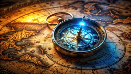 Fototapeta premium A intricately designed compass with glowing blue needle and stars, surrounded by ancient map fragments and cryptic symbols, evoking a sense of adventure and discovery.