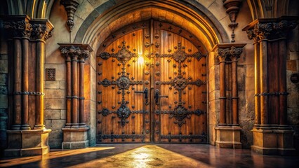 Obraz premium A large, ornate wooden door with heavy iron hinges and rusty door handles stands ajar, welcoming sunlight to flood a dimly lit sacred interior.