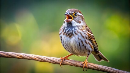 Fototapeta premium A lone, frightened bird perches on a thin branch, its feathers ruffled, beak open, and wide eyes staring into the distance with fearful intensity.