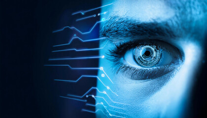 Detailed human eye featuring a glowing digital interface in the iris. The image highlights the eye’s texture with a futuristic scanning design in vibrant blue tones.