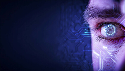 Close-up of a human eye with a vibrant digital target interface overlaid in the iris. The eye is surrounded by fine skin details, and the digital elements glow in blue and purple tones.