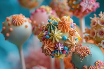 Several colorful cake pops decorated with icing flowers, swirls, and sprinkles are ready for a party