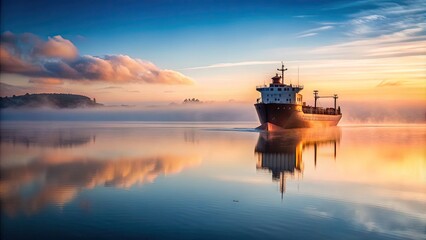 Naklejka premium A majestic cargo vessel sits serenely in the calm waters of a misty morning, surrounded by vast empty space, emphasizing its solitary presence.