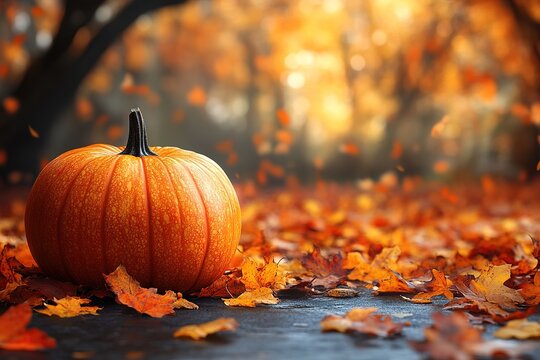 A beautiful Happy Thanksgiving card design template with pumpkins and Fall foliage in the background