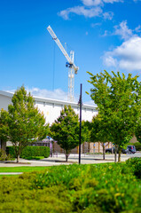 Construction Crane Overlooking Trees and Building on a Bright Sunny Day