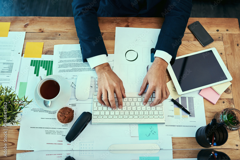 Aufkleber hands, keyboard and typing with business person at desk in office from above for to do list or plann