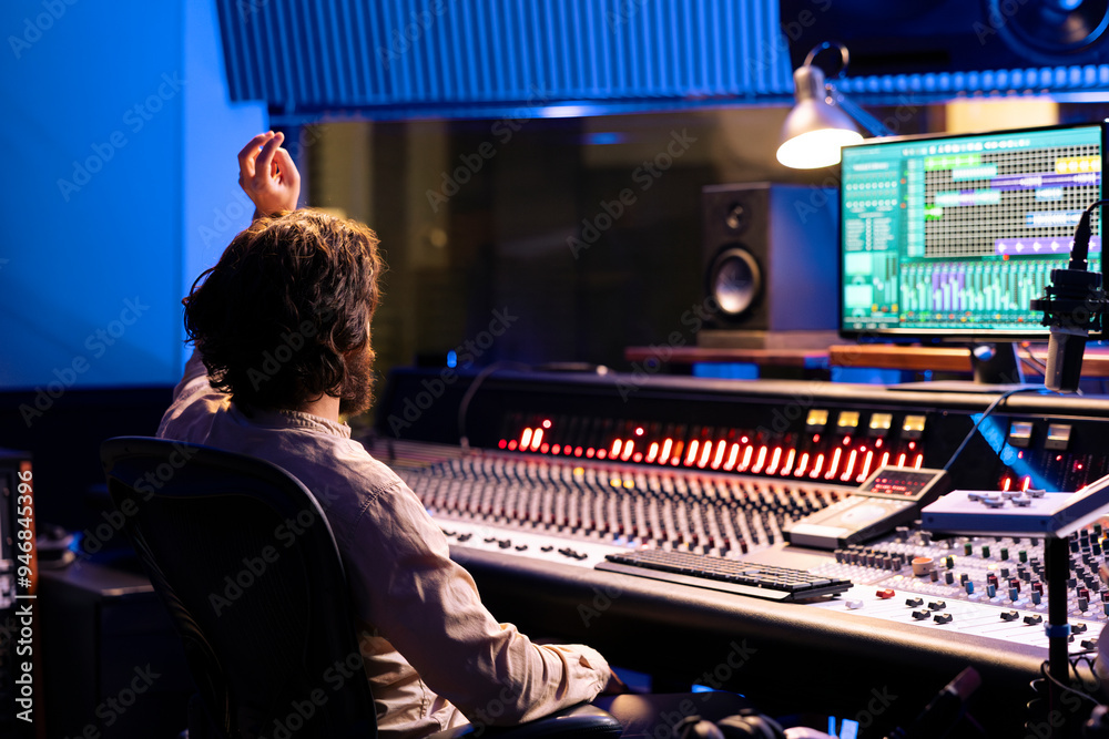 Poster Sound designer counting down for singer in vocal booth to start performance for recording session, producing new music in control room. Skilled audio engineer operating panel board.
