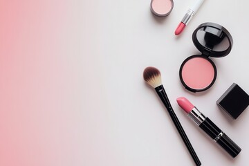 A minimalist display features lipstick, makeup brushes, and powder against a soft, light backdrop, ideal for beauty lovers. Generative AI