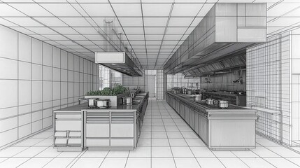 Wireframe Interior Design of a Modern Restaurant Kitchen