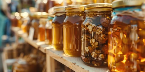 Small honey and nut jars for sale at the farmers market Close up shot