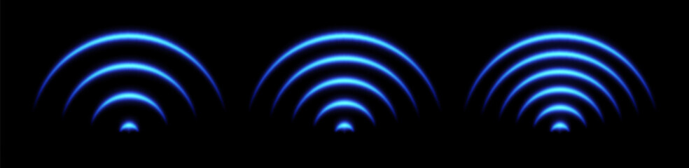WiFi light effect, sound wave icons, radar signal concept. Blue wireless network glowing elements, neon echo or scan effect. Vector illustration.