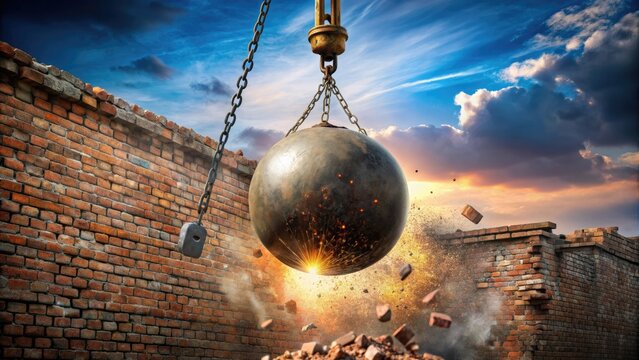 A massive steel wrecking ball hangs precariously from a crane, ready to demolish a crumbling brick wall with a burst of explosive energy.