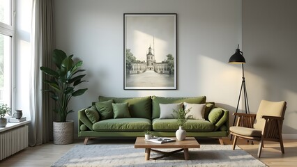 modern, comfortable interior with green sofa