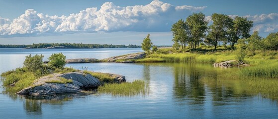 Fototapeta premium Calm Lake with Lush Vegetation and Cloud Formations