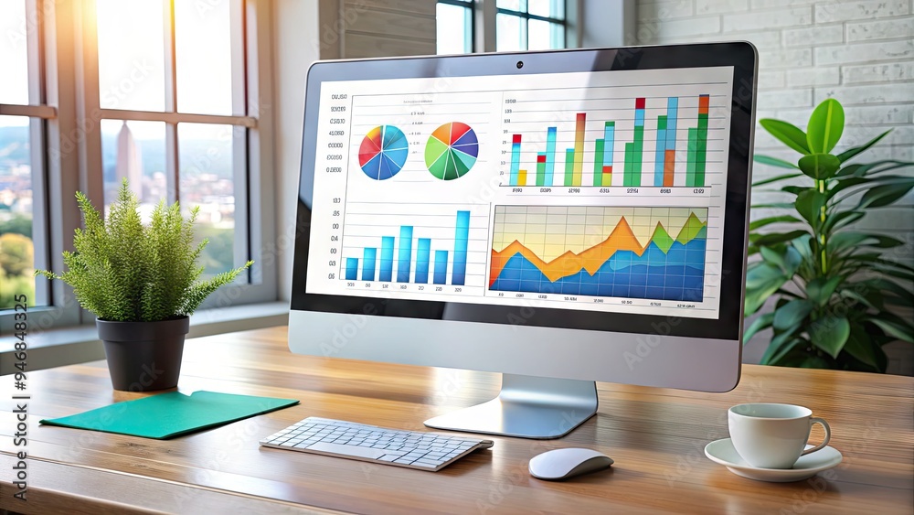 Wall mural a modern computer screen displays a dashboard with colorful charts and graphs, showcasing website an
