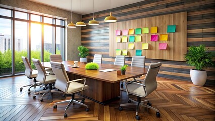 A modern conference room with a large wooden table, chairs, and a whiteboard filled with colorful sticky notes and diagrams, conveying collaboration and innovation.